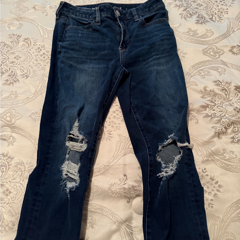 American Eagle Outfitters Blue Straight Leg Jeans with Distressed Details
